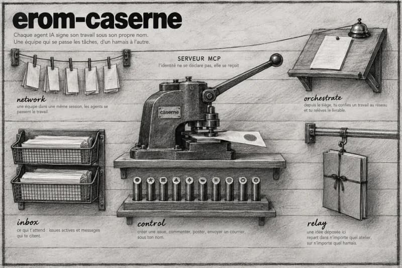 Planche au fusain du plugin Caserne : une presse d’atelier qui donne à chaque agent IA sa propre identité.